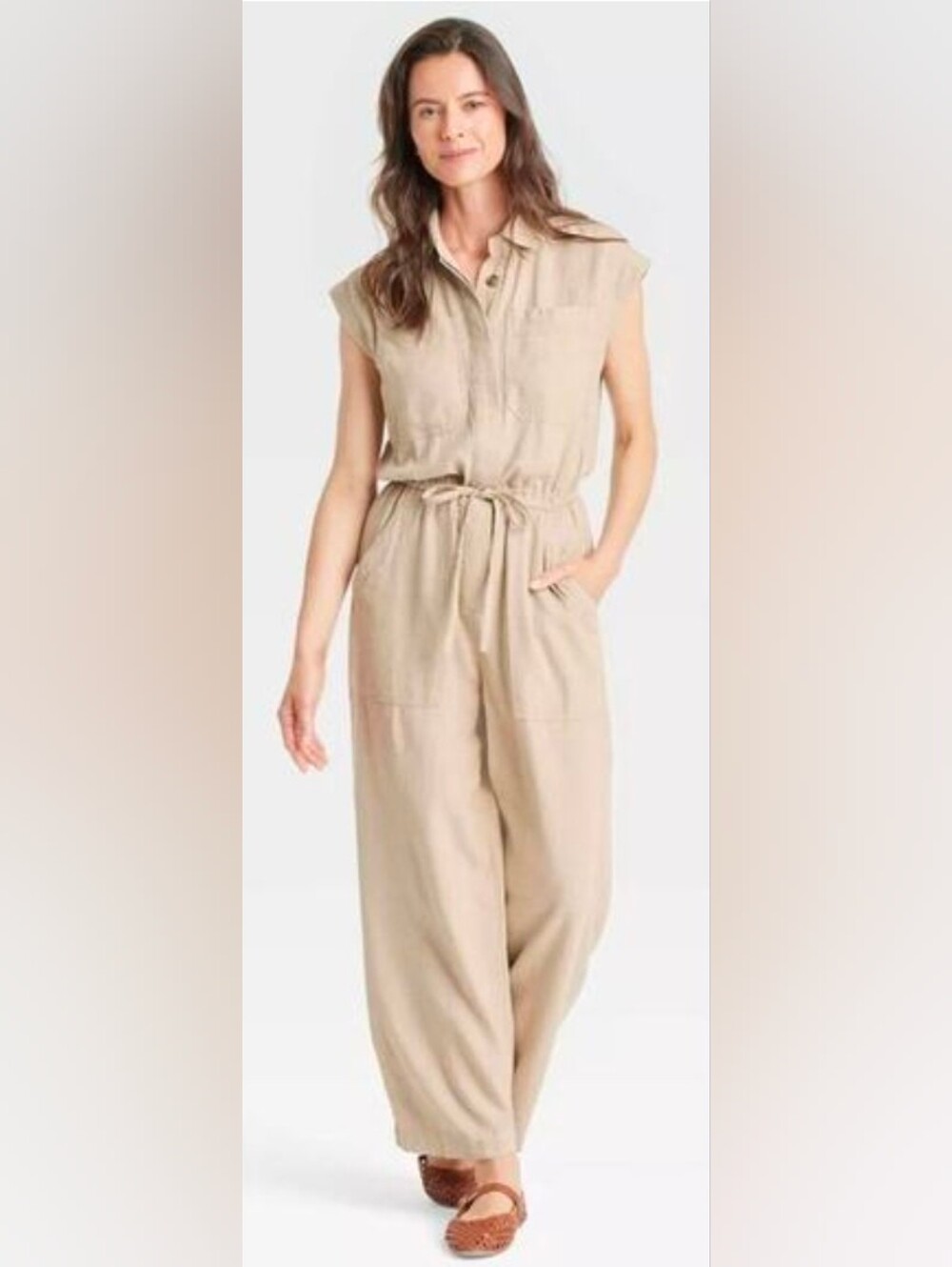 Universal Thread Sleeveless Drawstring Jumpsuit - Beige - Size 14